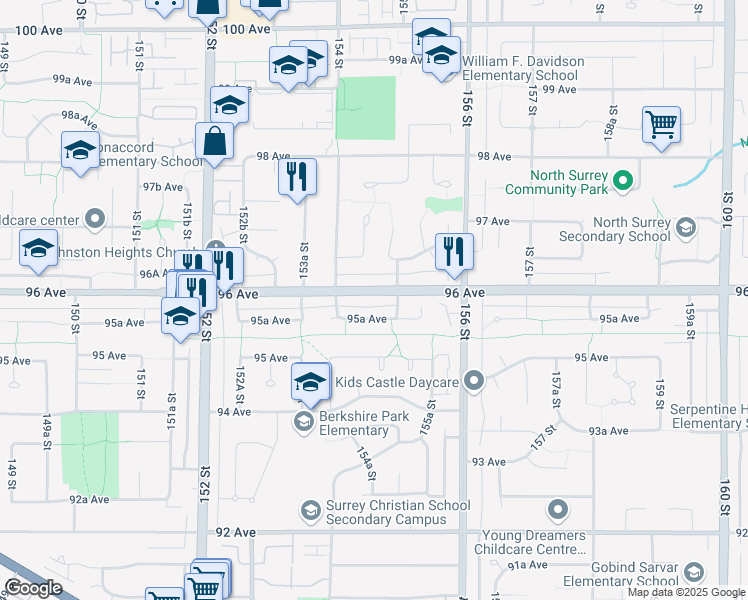 map of restaurants, bars, coffee shops, grocery stores, and more near 15464 96 Avenue in Surrey