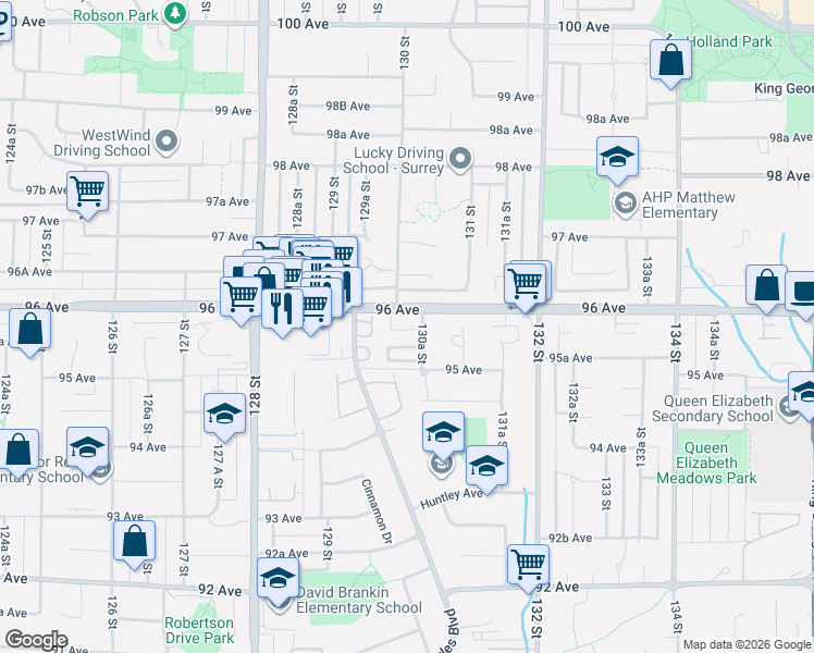 map of restaurants, bars, coffee shops, grocery stores, and more near in Surrey