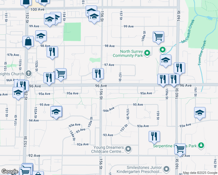map of restaurants, bars, coffee shops, grocery stores, and more near 15646 96 Avenue in Surrey