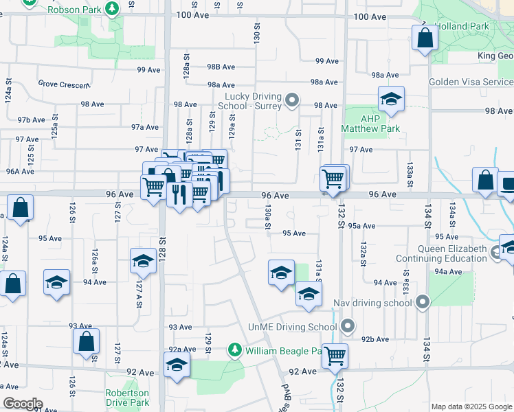 map of restaurants, bars, coffee shops, grocery stores, and more near 9559 130A Street in Surrey