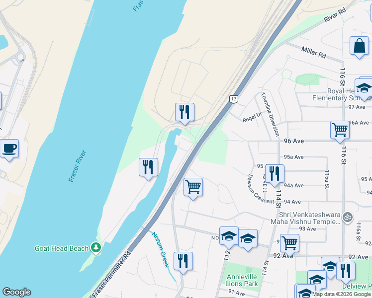 map of restaurants, bars, coffee shops, grocery stores, and more near 9569 Gunderson Road in Delta