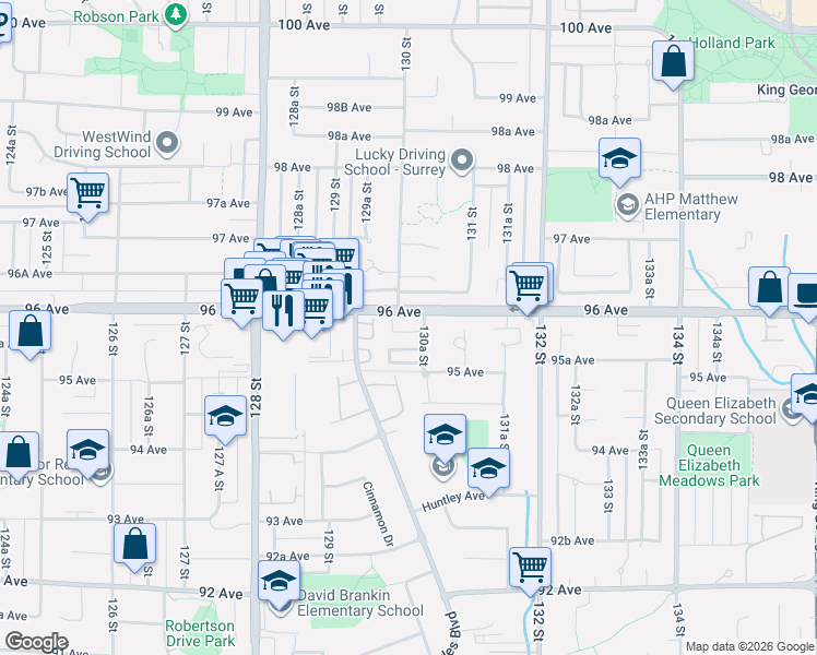 map of restaurants, bars, coffee shops, grocery stores, and more near 9559 130A Street in Surrey
