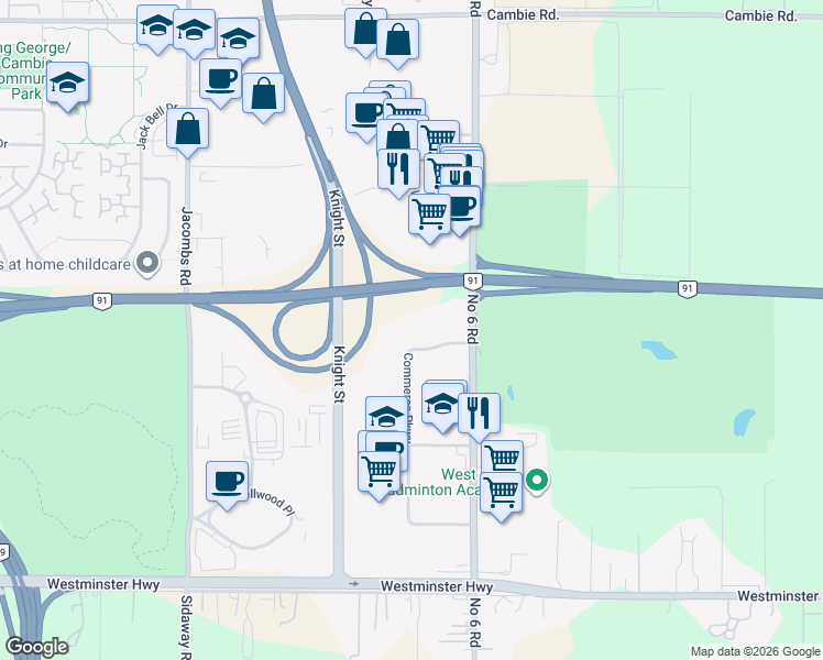 map of restaurants, bars, coffee shops, grocery stores, and more near 13777 Commerce Parkway in Richmond