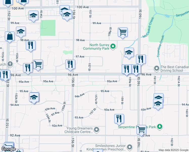 map of restaurants, bars, coffee shops, grocery stores, and more near 15734 96 Avenue in Surrey