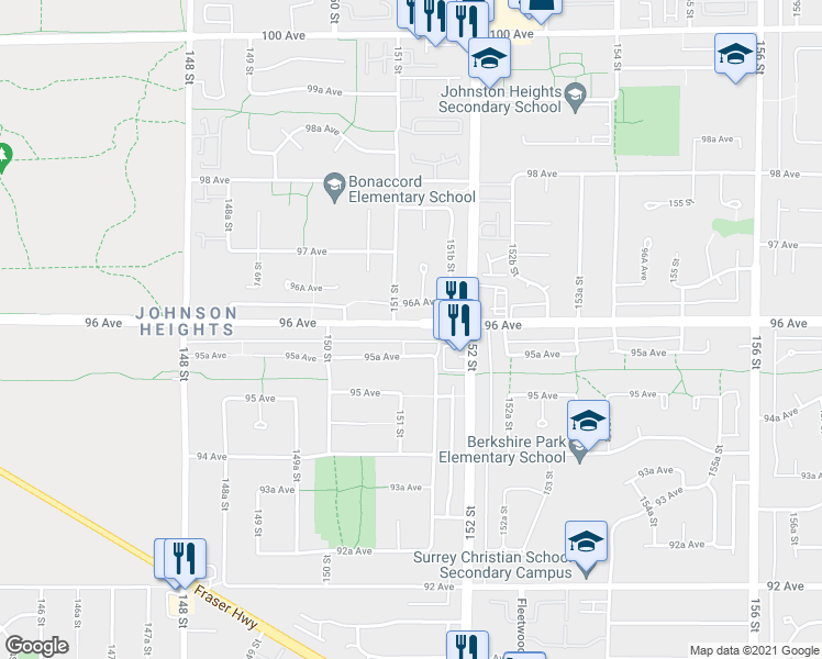 map of restaurants, bars, coffee shops, grocery stores, and more near in Surrey