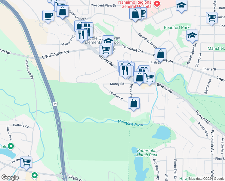 map of restaurants, bars, coffee shops, grocery stores, and more near 1614 Venlaw Road in Nanaimo
