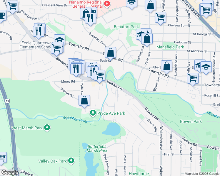 map of restaurants, bars, coffee shops, grocery stores, and more near 211 Buttertubs Place in Nanaimo