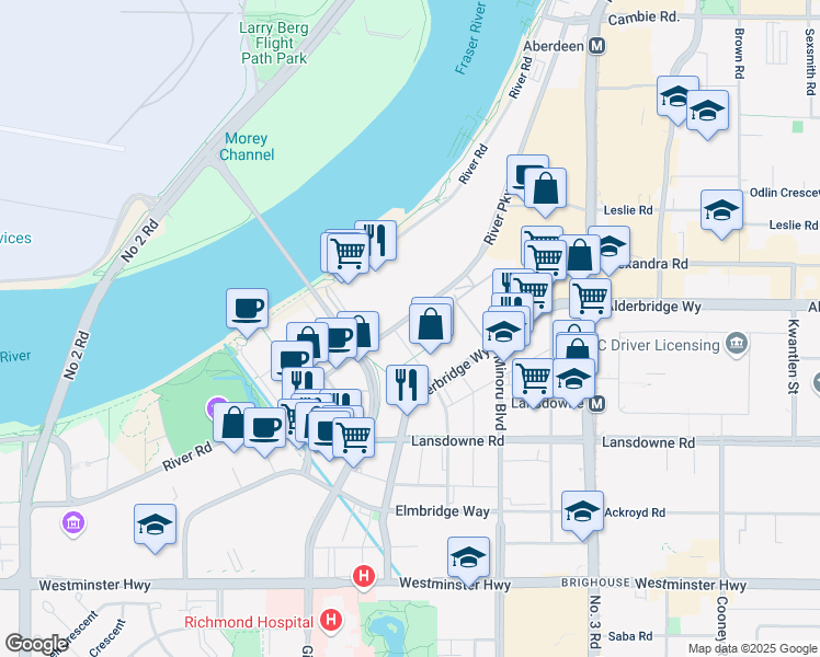 map of restaurants, bars, coffee shops, grocery stores, and more near 7008 River Parkway in Richmond