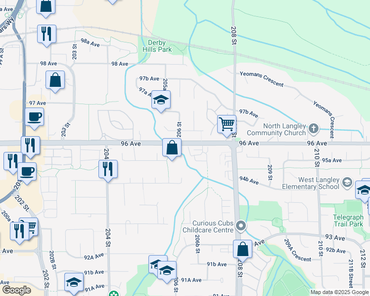 map of restaurants, bars, coffee shops, grocery stores, and more near 9561 207 Street in Langley Township