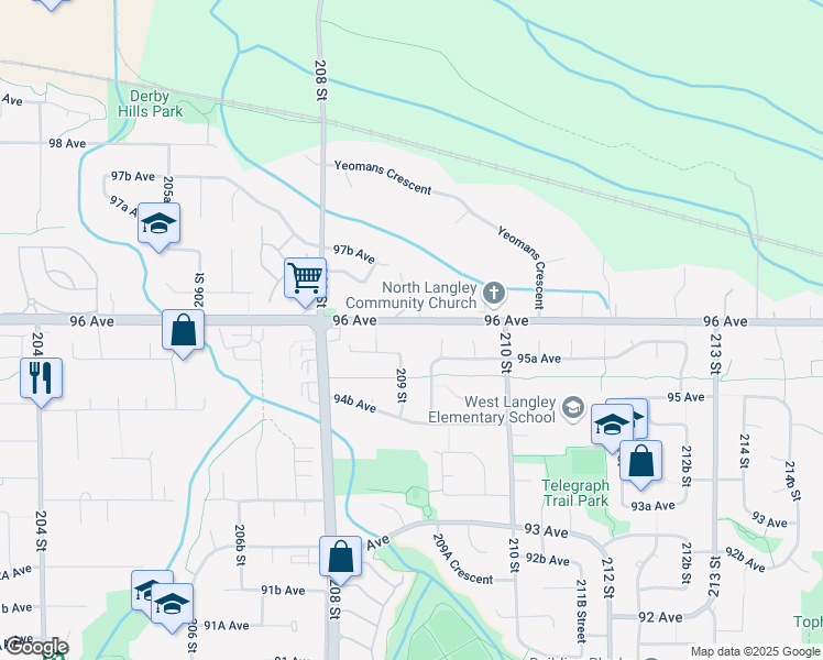 map of restaurants, bars, coffee shops, grocery stores, and more near 20928 96 Avenue in Langley Township