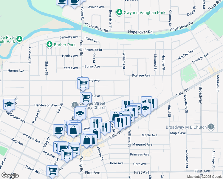 map of restaurants, bars, coffee shops, grocery stores, and more near 9609 Saint David Street in Chilliwack