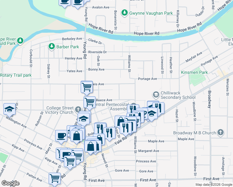 map of restaurants, bars, coffee shops, grocery stores, and more near 9609 Saint David Street in Chilliwack