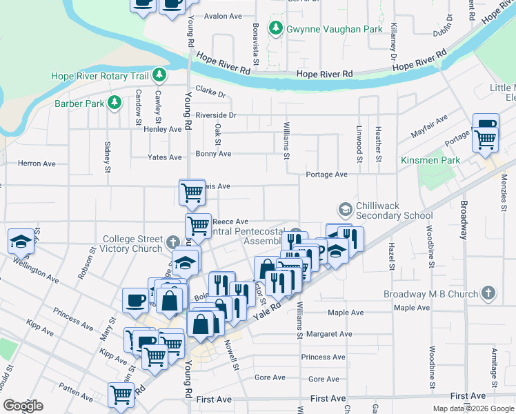 map of restaurants, bars, coffee shops, grocery stores, and more near 9609 Saint David Street in Chilliwack