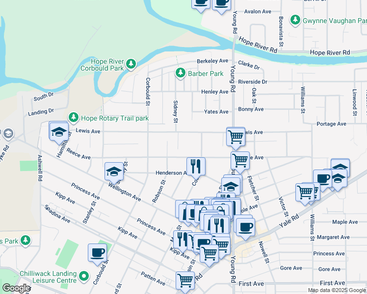 map of restaurants, bars, coffee shops, grocery stores, and more near 45801 Reece Avenue in Chilliwack