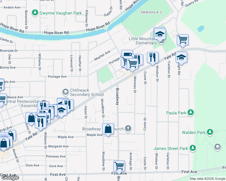 map of restaurants, bars, coffee shops, grocery stores, and more near in Chilliwack