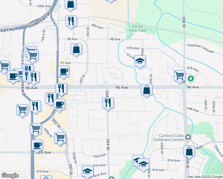 map of restaurants, bars, coffee shops, grocery stores, and more near 20426 96 Avenue in Langley Township