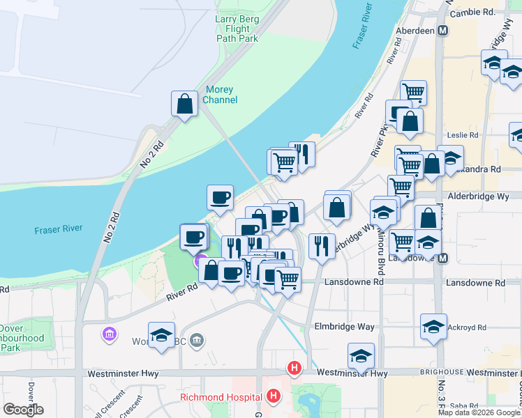 map of restaurants, bars, coffee shops, grocery stores, and more near 6833 Pearson Way in Richmond