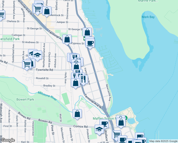map of restaurants, bars, coffee shops, grocery stores, and more near 130 Rosehill Street in Nanaimo