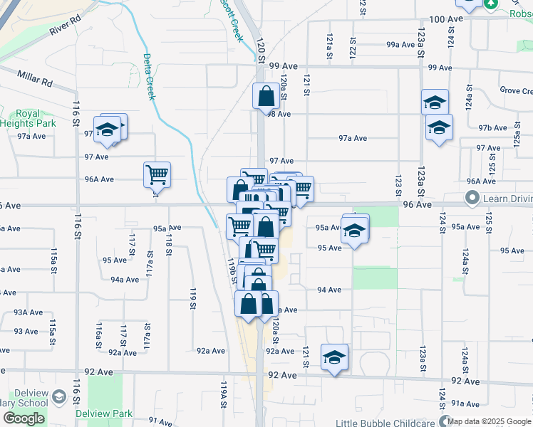 map of restaurants, bars, coffee shops, grocery stores, and more near 77021 120 Street in Surrey
