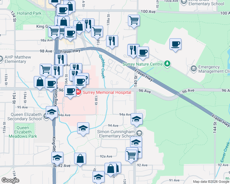 map of restaurants, bars, coffee shops, grocery stores, and more near 13910 96 Avenue in Surrey