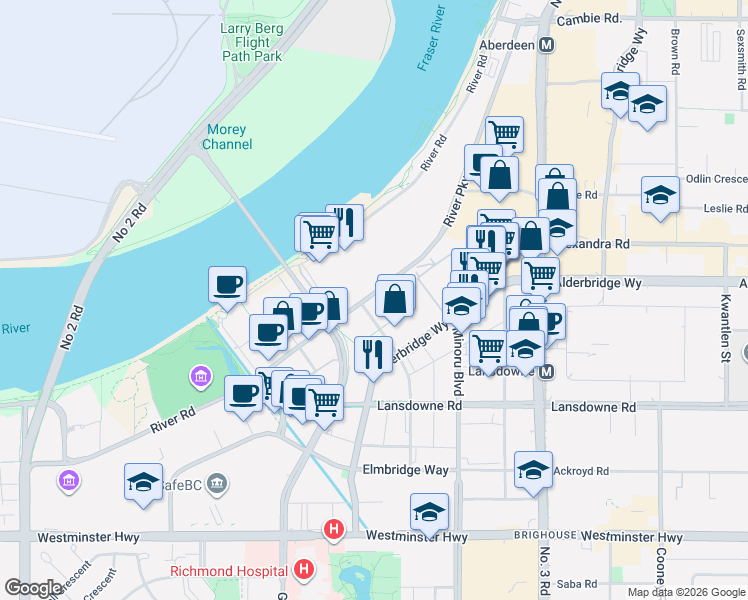 map of restaurants, bars, coffee shops, grocery stores, and more near 7080 River Road in Richmond