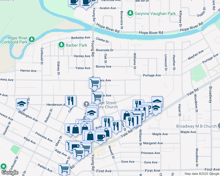 map of restaurants, bars, coffee shops, grocery stores, and more near 46054 King Avenue in Chilliwack