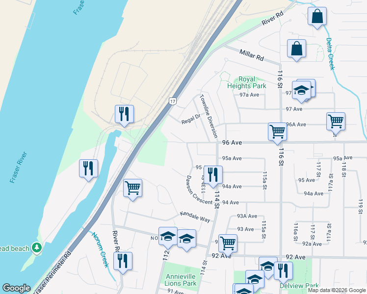 map of restaurants, bars, coffee shops, grocery stores, and more near 9585 Dawson Crescent in Delta