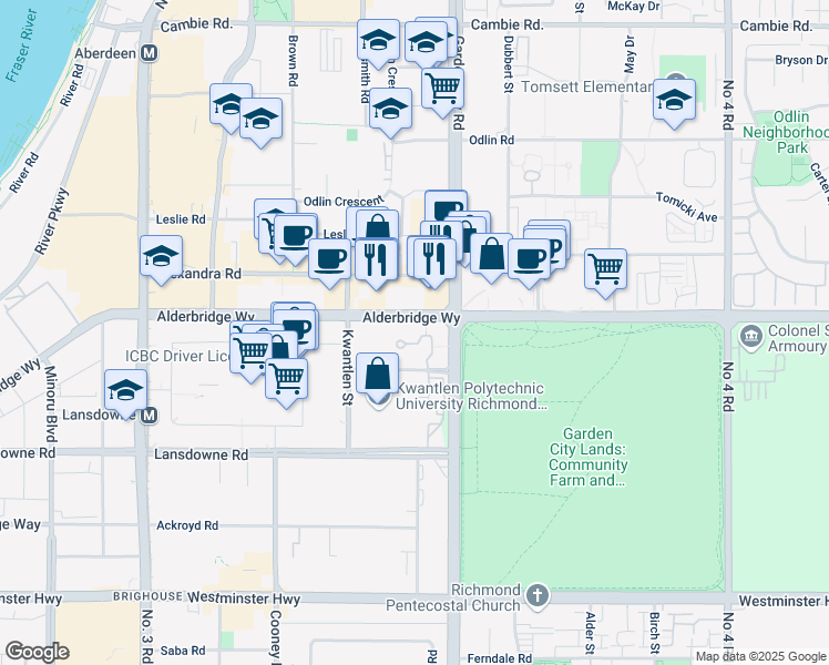 map of restaurants, bars, coffee shops, grocery stores, and more near 5113 Garden City Road in Richmond