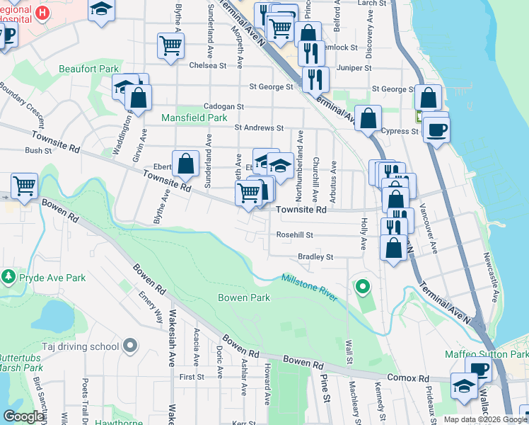 map of restaurants, bars, coffee shops, grocery stores, and more near 615 Townsite Road in Nanaimo