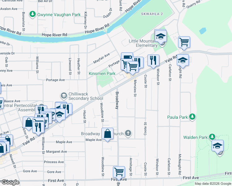 map of restaurants, bars, coffee shops, grocery stores, and more near 9629 Broadway in Chilliwack