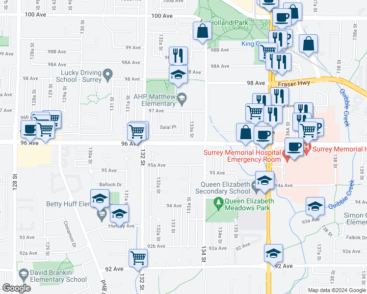map of restaurants, bars, coffee shops, grocery stores, and more near 13328 96 Avenue in Surrey