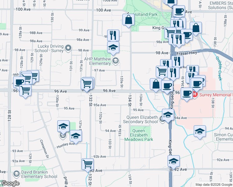 map of restaurants, bars, coffee shops, grocery stores, and more near 13328 96 Avenue in Surrey
