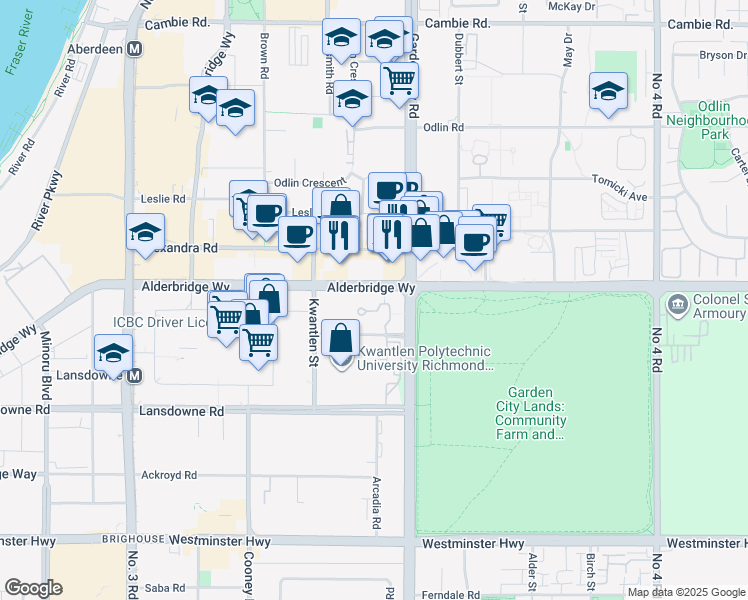 map of restaurants, bars, coffee shops, grocery stores, and more near 5113 Garden City Road in Richmond