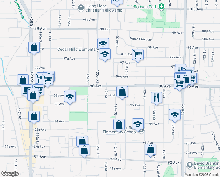 map of restaurants, bars, coffee shops, grocery stores, and more near 12420 96 Avenue in Surrey