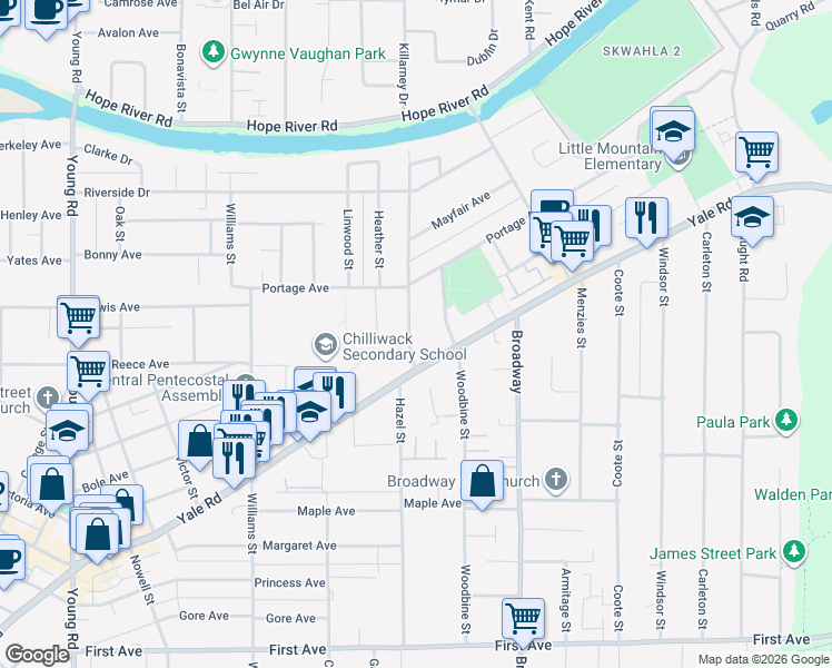 map of restaurants, bars, coffee shops, grocery stores, and more near 9610 Hazel Street in Chilliwack