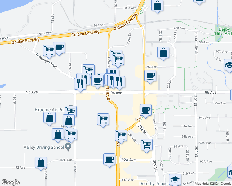 map of restaurants, bars, coffee shops, grocery stores, and more near 96 Avenue in Greater Vancouver