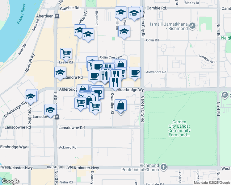 map of restaurants, bars, coffee shops, grocery stores, and more near 5028 Kwantlen Street in Richmond