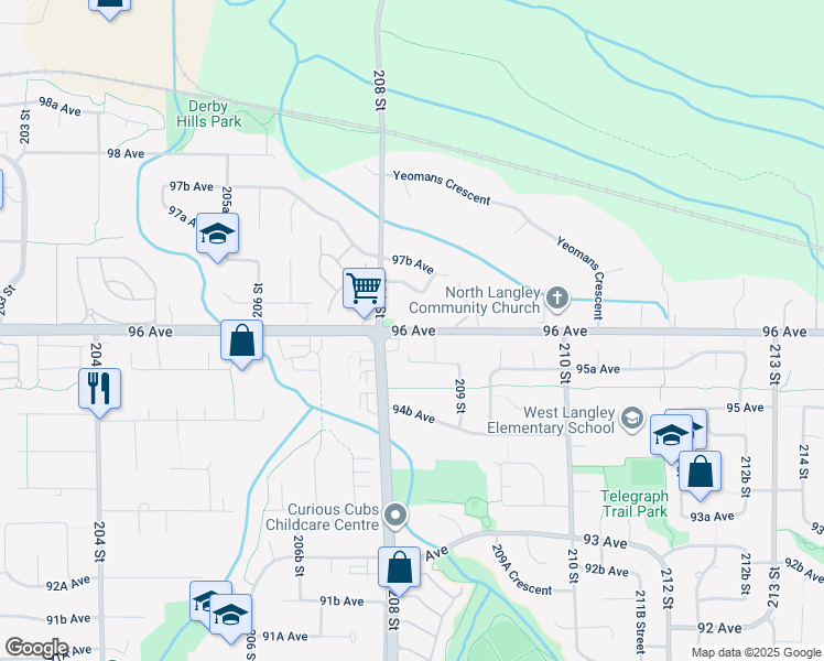 map of restaurants, bars, coffee shops, grocery stores, and more near 20986 96 Avenue in Langley City