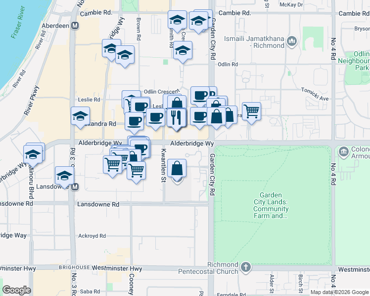 map of restaurants, bars, coffee shops, grocery stores, and more near in Richmond