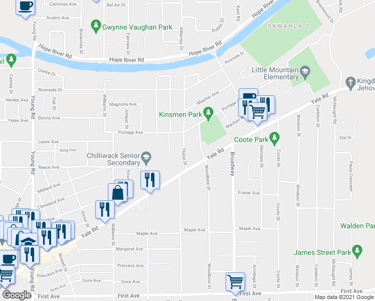 map of restaurants, bars, coffee shops, grocery stores, and more near 9622 Hazel Street in Chilliwack