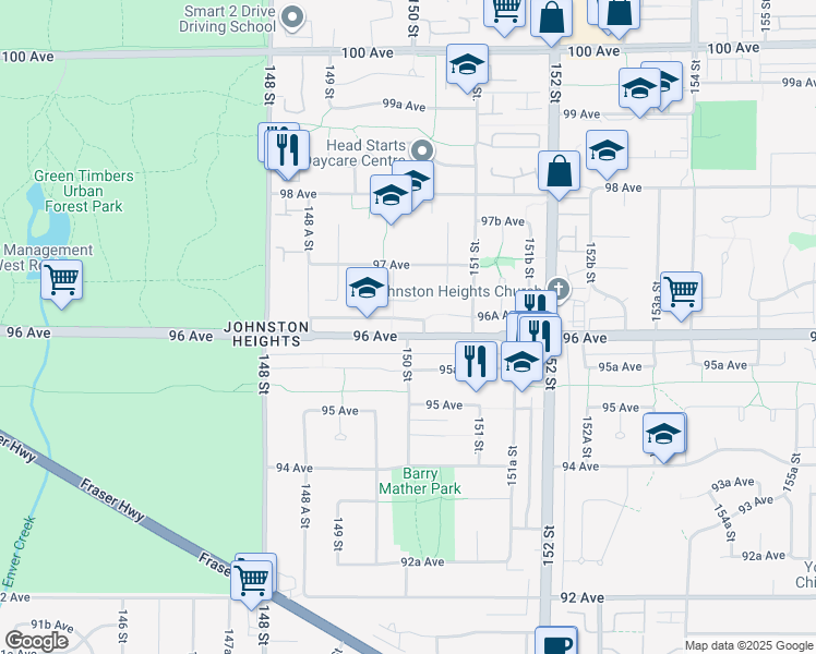 map of restaurants, bars, coffee shops, grocery stores, and more near 14993 96 Avenue in Surrey