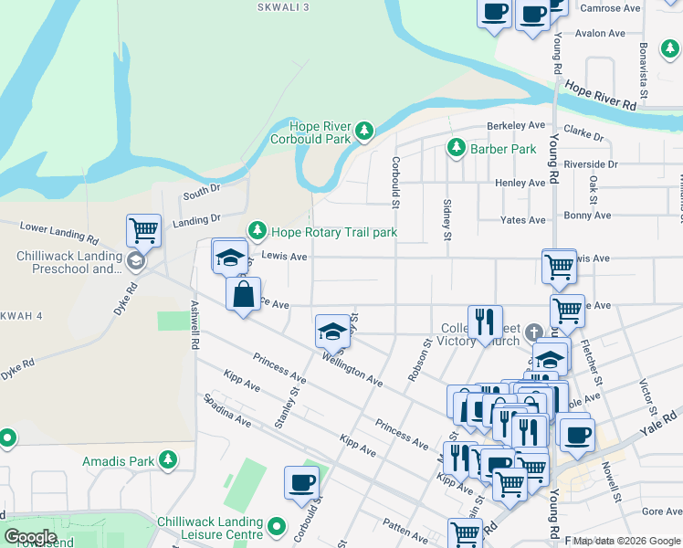 map of restaurants, bars, coffee shops, grocery stores, and more near 45601 Fernway Avenue in Chilliwack