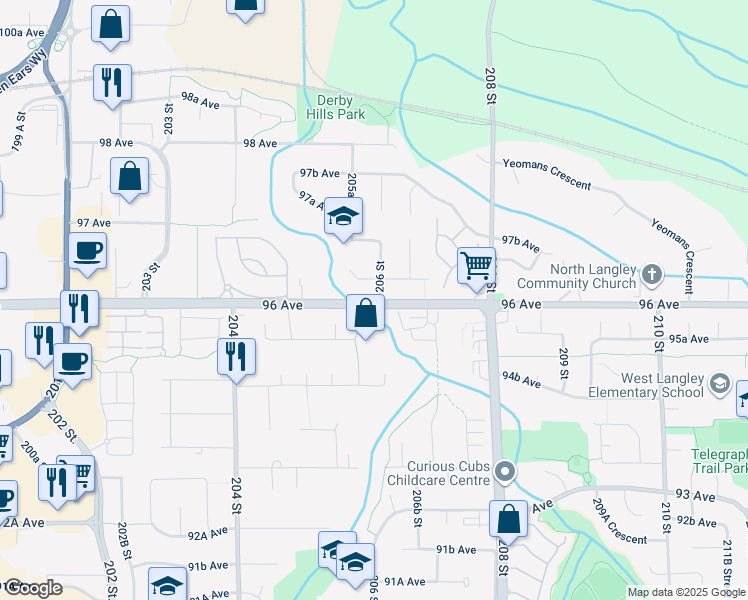 map of restaurants, bars, coffee shops, grocery stores, and more near 20560 96A Avenue in Langley