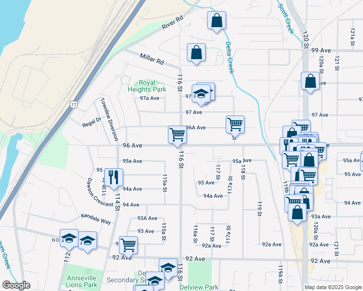 map of restaurants, bars, coffee shops, grocery stores, and more near 116 St & 96 Ave in Surrey