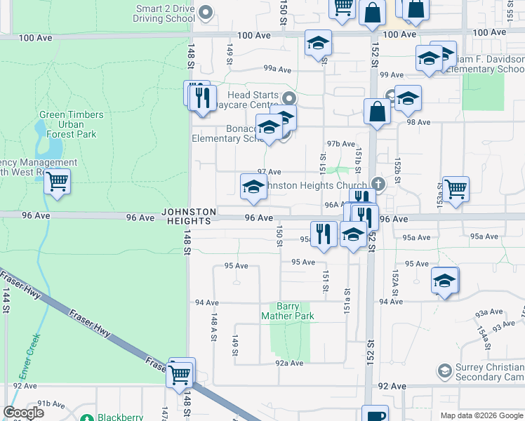 map of restaurants, bars, coffee shops, grocery stores, and more near 14969 96 Avenue in Surrey