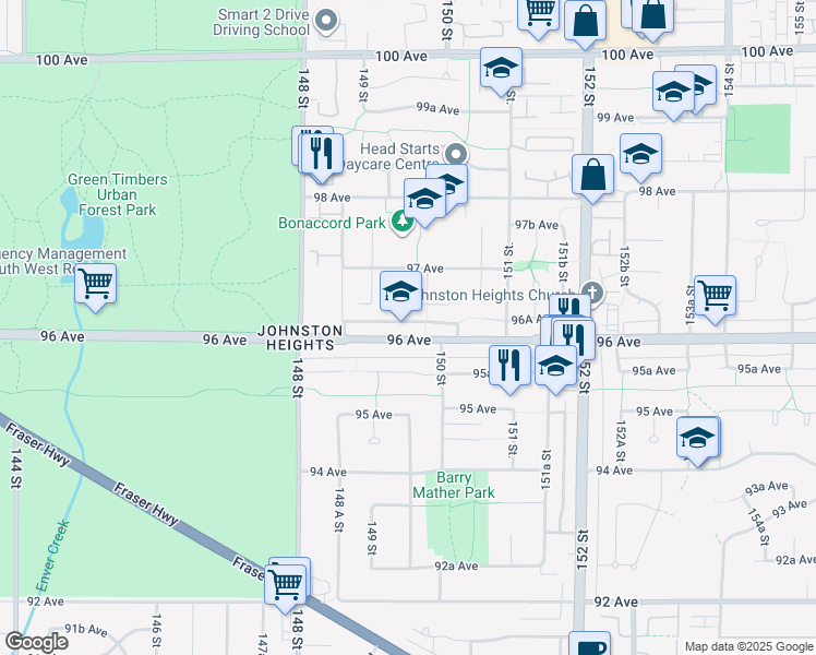 map of restaurants, bars, coffee shops, grocery stores, and more near 14949 96 Avenue in Surrey