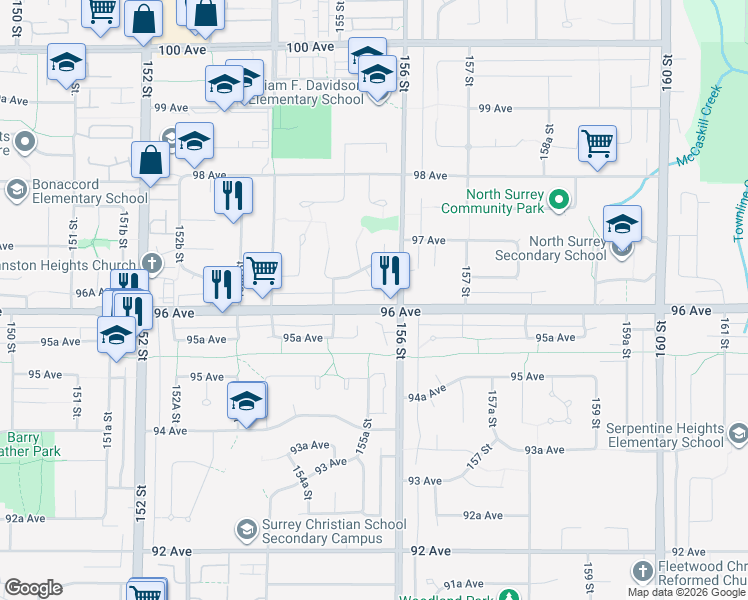 map of restaurants, bars, coffee shops, grocery stores, and more near 15561 96 Avenue in Surrey