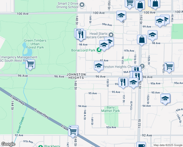 map of restaurants, bars, coffee shops, grocery stores, and more near 14895 96 Avenue in Surrey