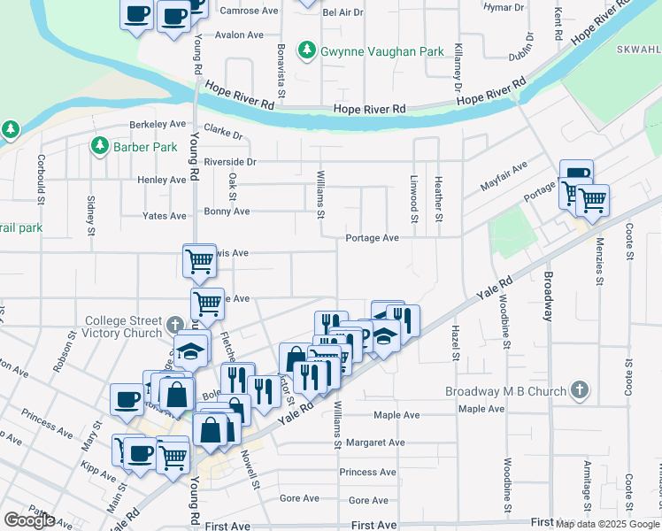 map of restaurants, bars, coffee shops, grocery stores, and more near 9625 Williams Street in Chilliwack