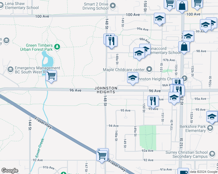 map of restaurants, bars, coffee shops, grocery stores, and more near in Surrey